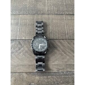 men's quartz chronograph watch with a black dial dark stainless steel band
